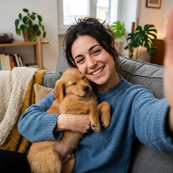 Donna sorridente che abbraccia il suo cucciolo addormentato