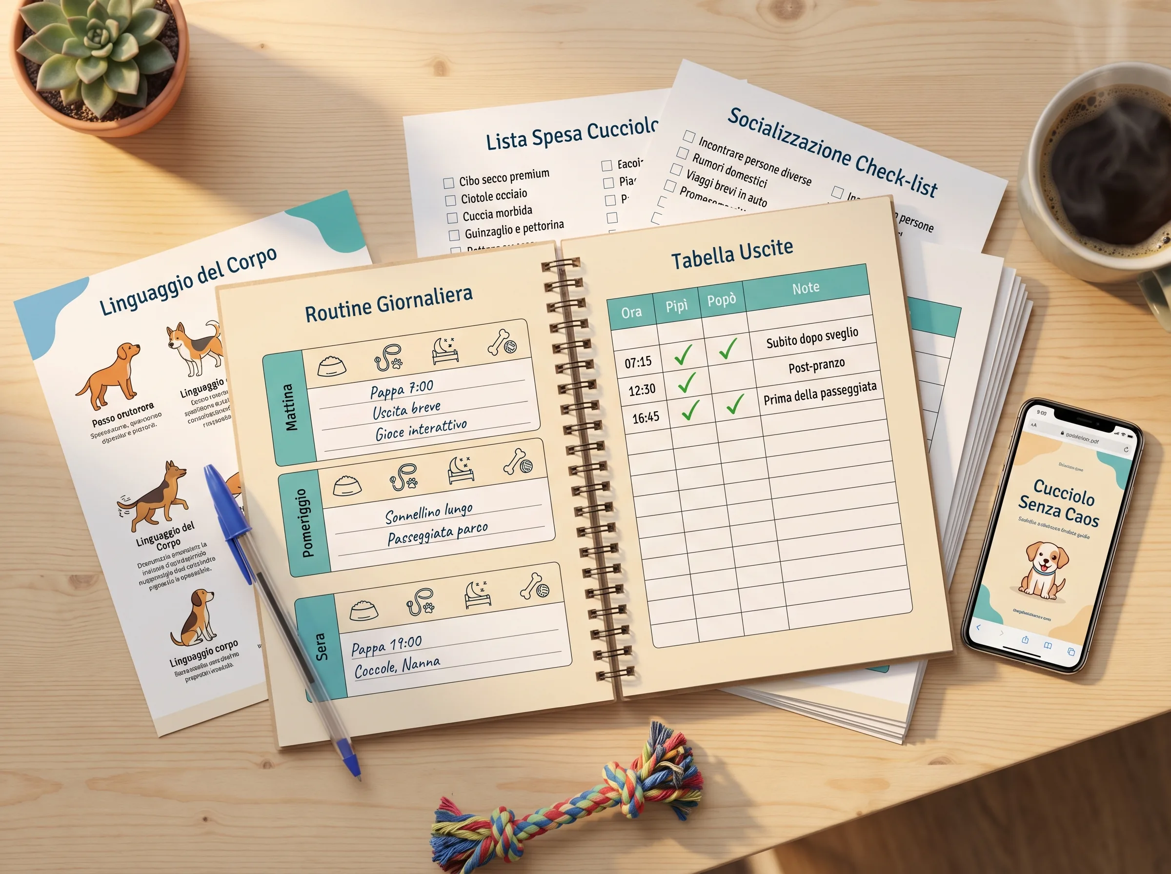 Guida Cucciolo Senza Caos aperta su tavolo con pagine stampate, routine, tabelle e checklist per i primi 30 giorni col cucciolo