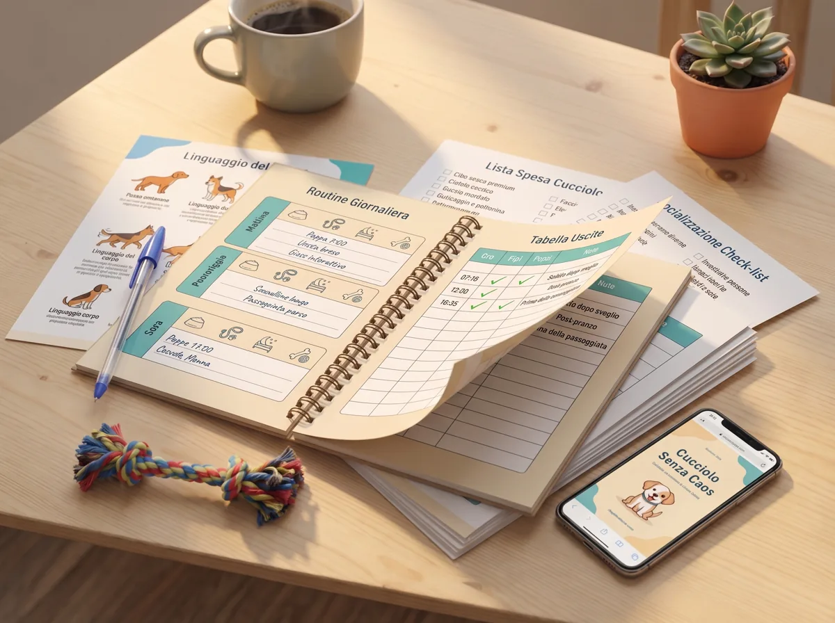 Guida Cucciolo Senza Caos: schede stampate con routine giornaliera, tabella uscite, checklist e versione digitale su telefono