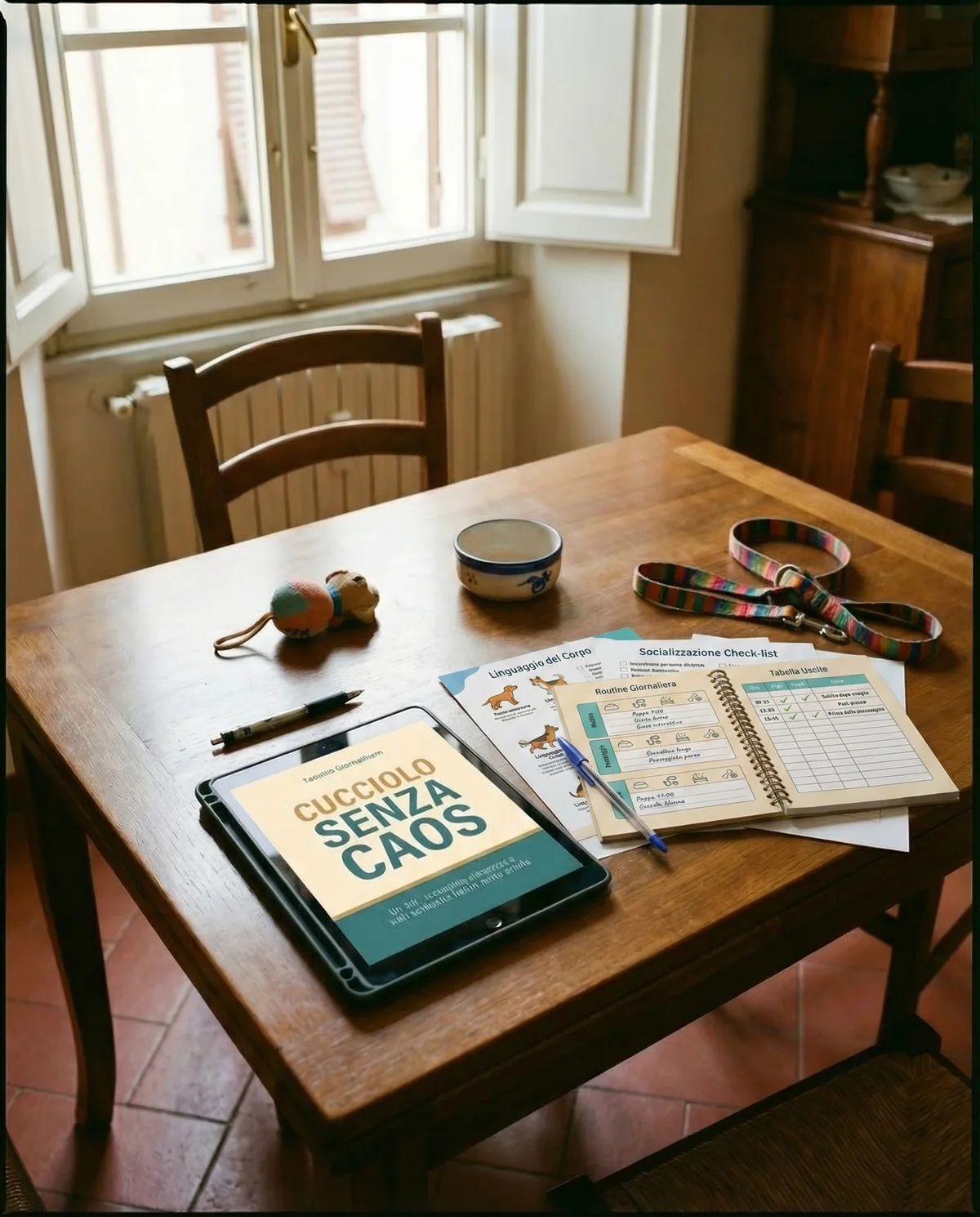 Guida Cucciolo Senza Caos su tablet con schede stampate, routine quotidiana, checklist socializzazione e accessori cucciolo sul tavolo
