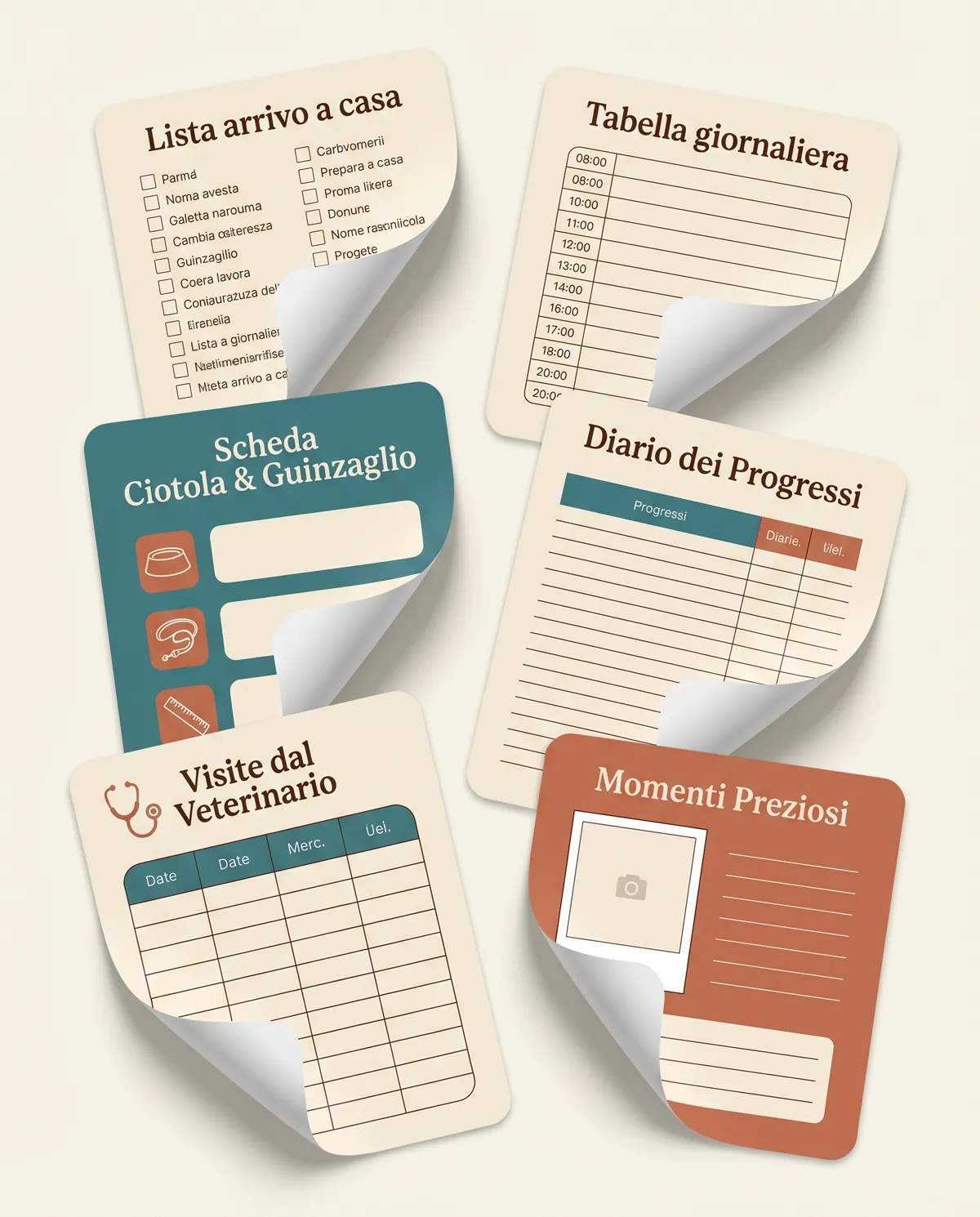 Anteprima delle pagine della guida Cucciolo Senza Caos: liste, tabelle giornaliere e schede pratiche per il primo mese col cucciolo