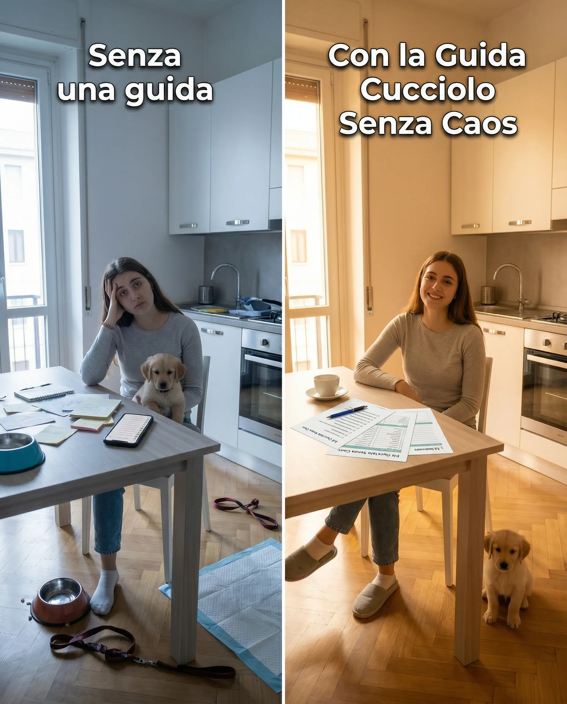 Prima e dopo: dal caos all'ordine con la guida Cucciolo Senza Caos per i primi 30 giorni col cucciolo