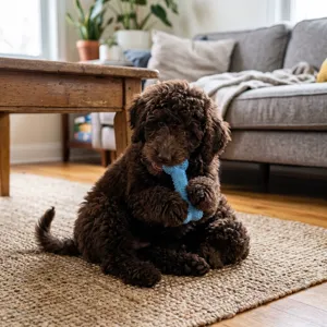 Cucciolo di Barboncino che mastica un gioco