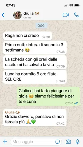 Recensione WhatsApp reale di Giulia: dopo 3 notti insonni, con la Scheda notte della guida Cucciolo Senza Caos la cucciola Luna ha dormito 6 ore filate