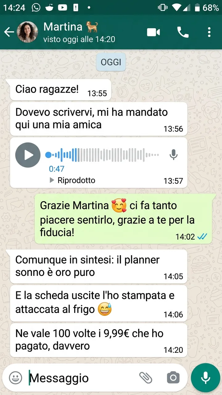 Recensione WhatsApp di Martina: il planner sonno e la scheda uscite della guida Cucciolo Senza Caos di Felici Insieme valgono 100 volte i 9,99 euro